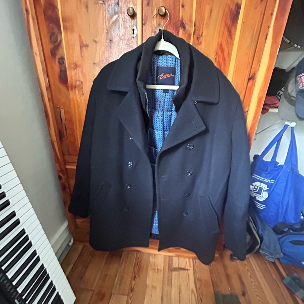 Egara Men's Navy Wool Peacoat with Removeable Bib